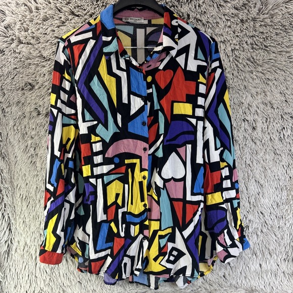 Big Dart Tops - Big Dart Shirt Size 3XL Colorful Art Blouse 80s 90s Y2K Retro Button Up Abstract